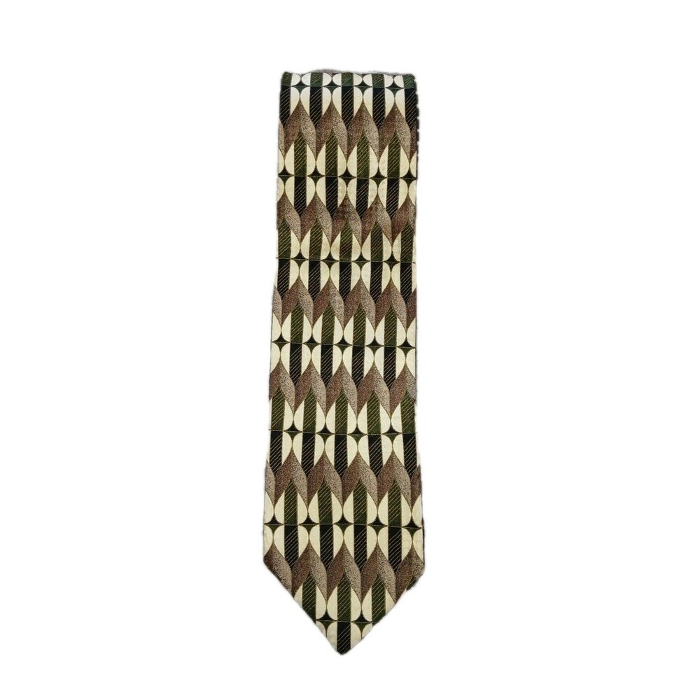 Zeidler & Zeidler Mens Tie 100% Silk Made In Italy Brown Green Ivory Motif Print - Picture 2 of 5